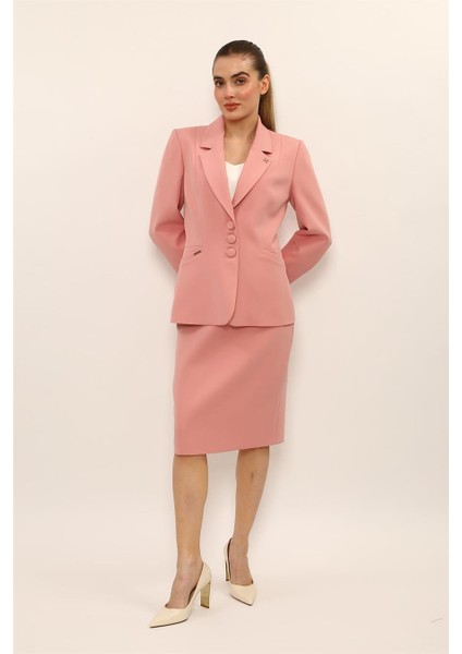 Erkek Yaka Boydan Kuplu Ceket & Düz Dar Etek-Pudra