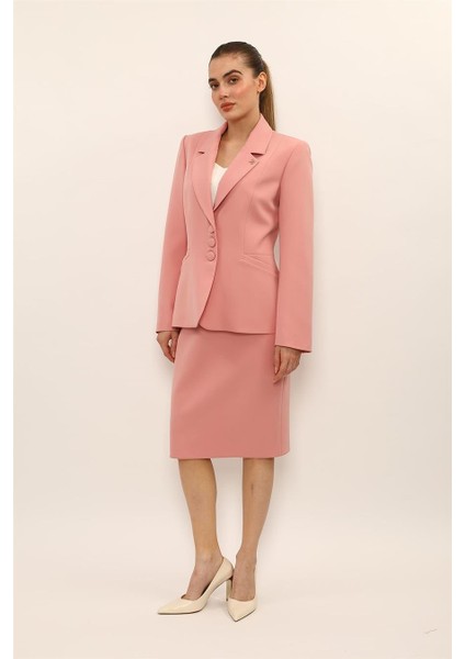 Erkek Yaka Boydan Kuplu Ceket & Düz Dar Etek-Pudra fırsatları