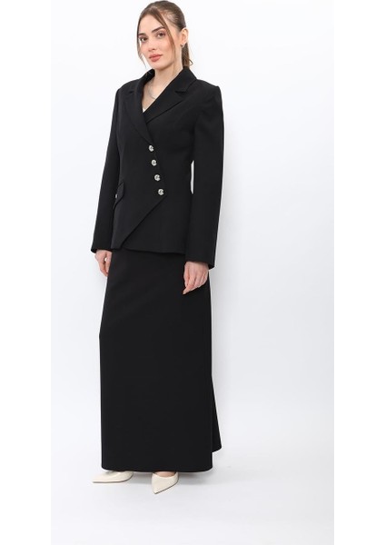 Erkek Yaka Asimetrik Ceket & Kemerli Kare Cepli Çan Etek-Siyah