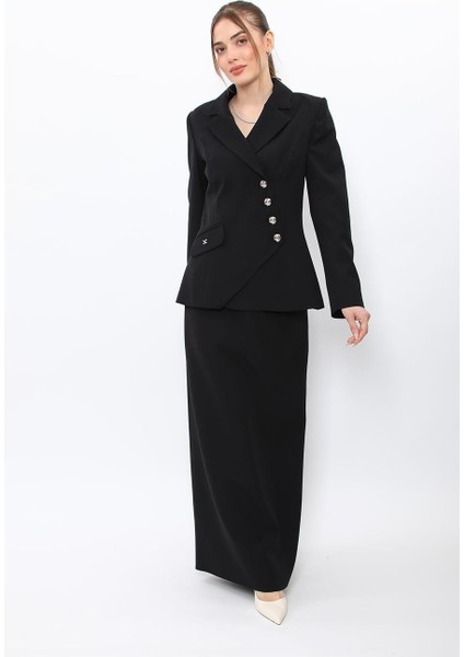 Erkek Yaka Asimetrik Ceket & Kemerli Kare Cepli Çan Etek-Siyah fiyatları