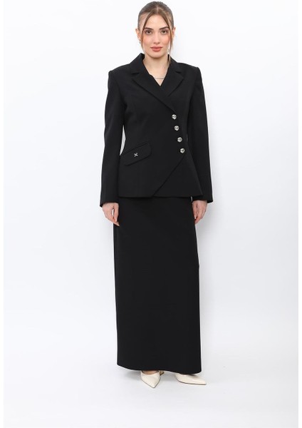 Erkek Yaka Asimetrik Ceket & Kemerli Kare Cepli Çan Etek-Siyah modelleri