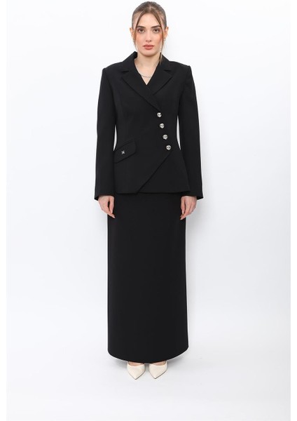 Erkek Yaka Asimetrik Ceket & Kemerli Kare Cepli Çan Etek-Siyah fırsatları