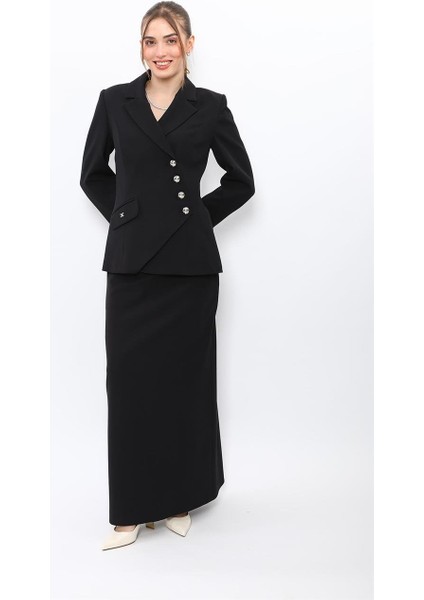 Erkek Yaka Asimetrik Ceket & Kemerli Kare Cepli Çan Etek-Siyah