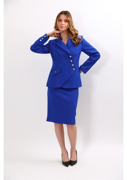 Erkek Yaka Asimetrik Ceket & Düz Dar Etek-Saks fiyatları