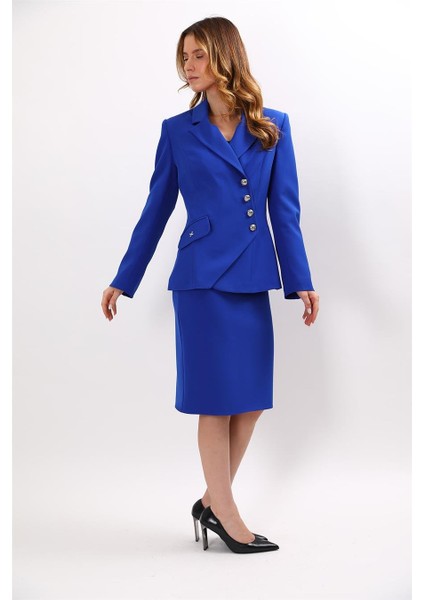 Erkek Yaka Asimetrik Ceket & Düz Dar Etek-Saks modelleri