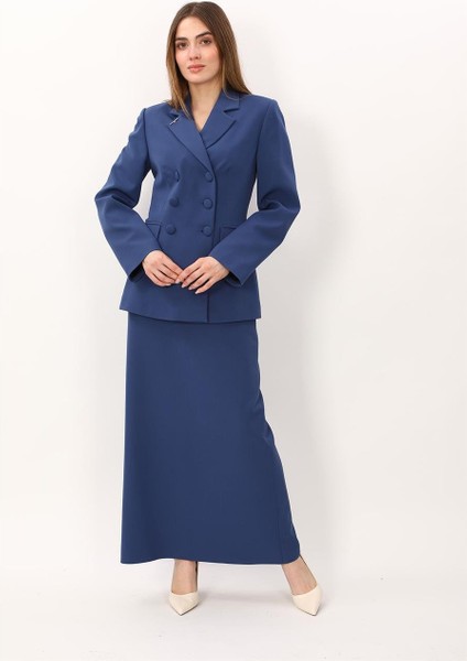 Erkek Yaka Blazer Ceket & Kemerli Kare Cepli Çan Etek-Indigo