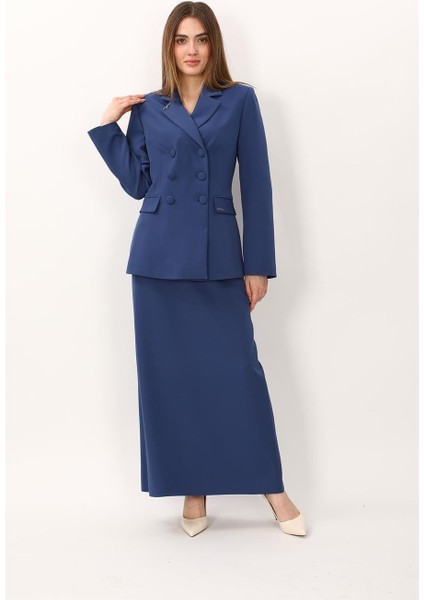 Erkek Yaka Blazer Ceket & Kemerli Kare Cepli Çan Etek-Indigo fiyatları