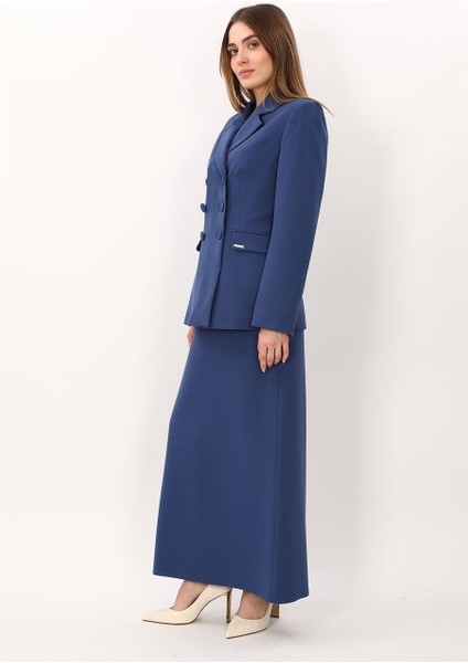 Erkek Yaka Blazer Ceket & Kemerli Kare Cepli Çan Etek-Indigo fırsatları