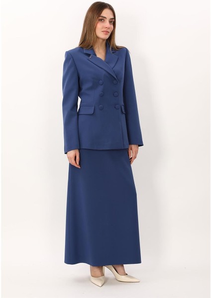 Erkek Yaka Blazer Ceket & Kemerli Kare Cepli Çan Etek-Indigo indirimleri