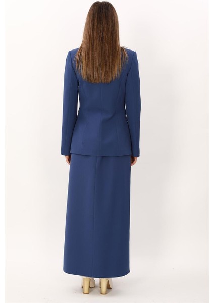 Erkek Yaka Blazer Ceket & Kemerli Kare Cepli Çan Etek-Indigo