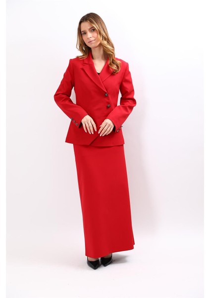 Erkek Yaka Asimetrik Ceket & Kemerli Kare Cepli Çan Etek-Kırmızı