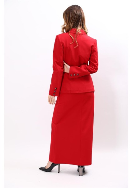 Erkek Yaka Asimetrik Ceket & Kemerli Kare Cepli Çan Etek-Kırmızı modelleri