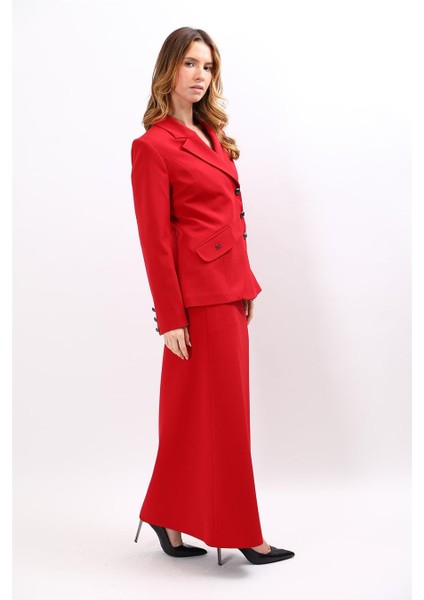 Erkek Yaka Asimetrik Ceket & Kemerli Kare Cepli Çan Etek-Kırmızı indirimleri