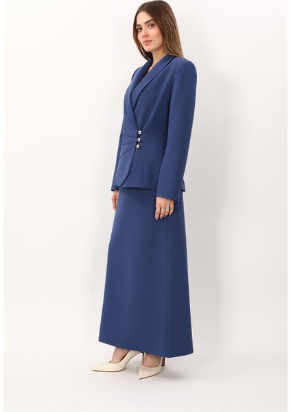Şal Yaka Modelli Ceket & Kemerli Kare Cepli Çan Etek-Indigo