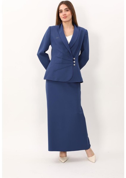 Şal Yaka Modelli Ceket & Kemerli Kare Cepli Çan Etek-Indigo fiyatları