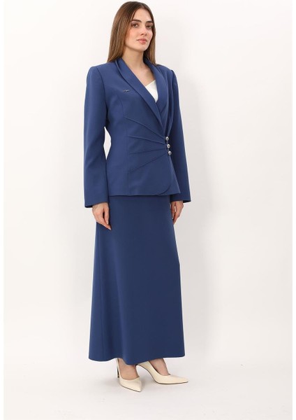 Şal Yaka Modelli Ceket & Kemerli Kare Cepli Çan Etek-Indigo modelleri