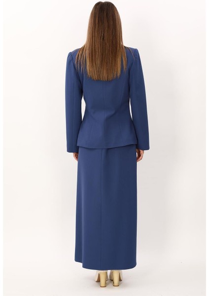 Şal Yaka Modelli Ceket & Kemerli Kare Cepli Çan Etek-Indigo fırsatları