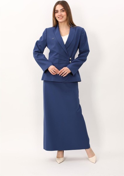 Şal Yaka Modelli Ceket & Kemerli Kare Cepli Çan Etek-Indigo indirimleri