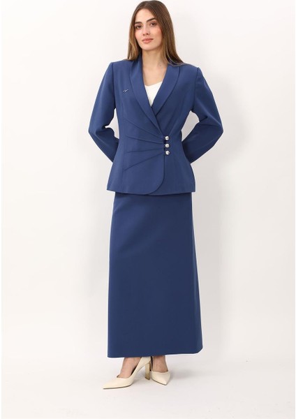 Şal Yaka Modelli Ceket & Kemerli Kare Cepli Çan Etek-Indigo