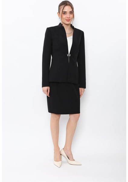 Hakim Yaka Tek Agraflı Düz Ceket & Yırtmaçlı Düz Dar Etek-Siyah