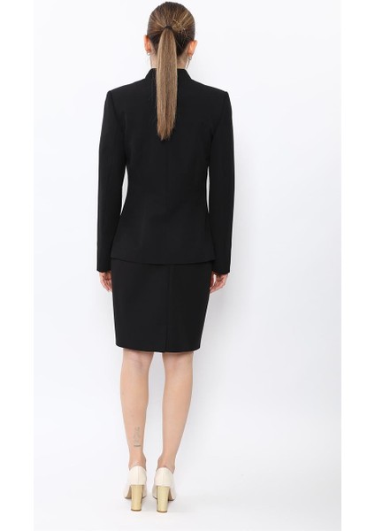 Hakim Yaka Tek Agraflı Düz Ceket & Yırtmaçlı Düz Dar Etek-Siyah