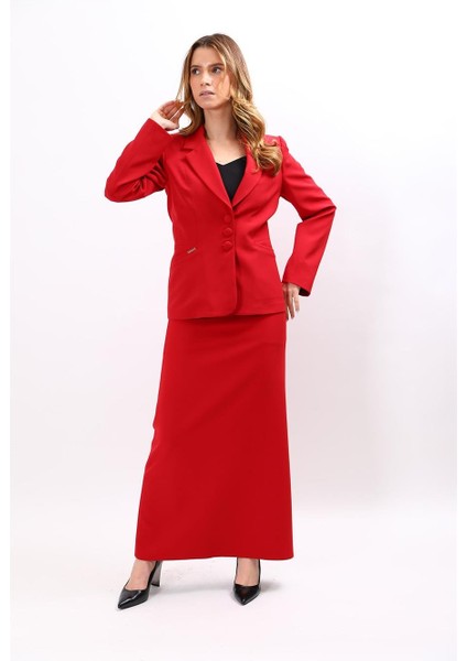Erkek Yaka Boydan Kuplu Ceket & Kemerli Kare Cepli Çan Etek-Kırmızı
