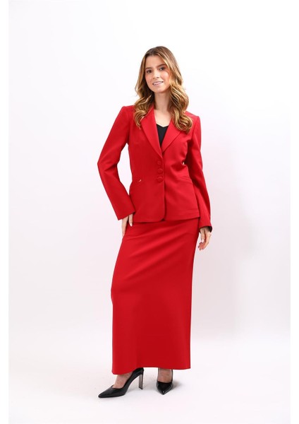 Erkek Yaka Boydan Kuplu Ceket & Kemerli Kare Cepli Çan Etek-Kırmızı modelleri