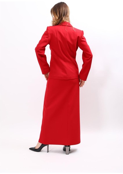 Erkek Yaka Boydan Kuplu Ceket & Kemerli Kare Cepli Çan Etek-Kırmızı indirimleri