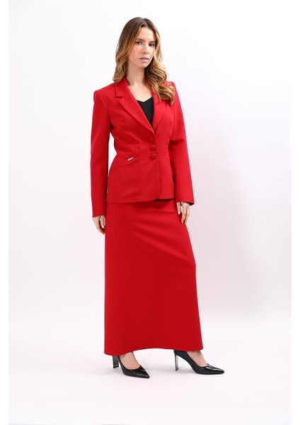 Erkek Yaka Boydan Kuplu Ceket & Kemerli Kare Cepli Çan Etek-Kırmızı