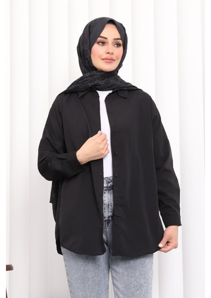 Siyah Düğmeli Salaş Terikoton Gömlek