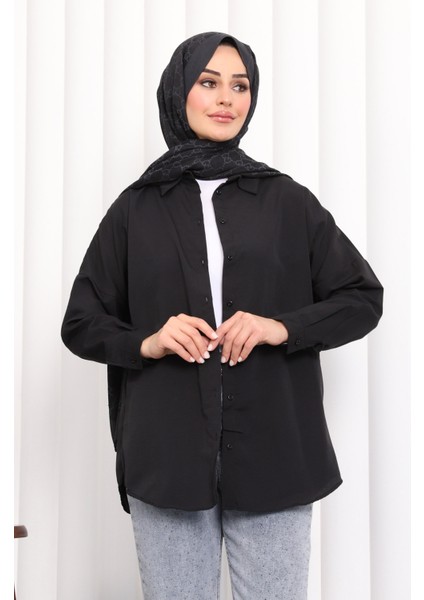 Siyah Düğmeli Salaş Terikoton Gömlek modelleri