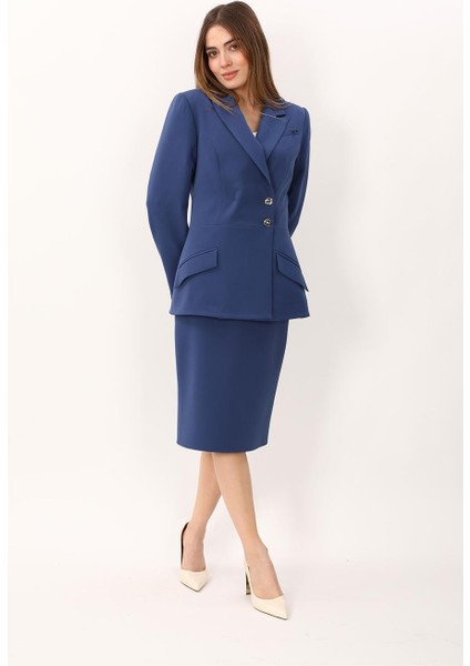 Erkek Yaka Kol Yırtmaçlı Ceket & Düz Dar Etek-Indigo