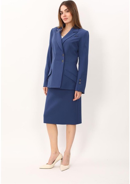 Erkek Yaka Kol Yırtmaçlı Ceket & Düz Dar Etek-Indigo modelleri