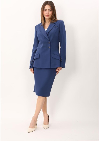 Erkek Yaka Kol Yırtmaçlı Ceket & Düz Dar Etek-Indigo