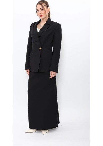 Erkek Yaka Asimetrik Ceket & Kemerli Kare Cepli Çan Etek-Siyah fiyatları