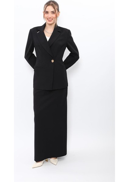 Erkek Yaka Asimetrik Ceket & Kemerli Kare Cepli Çan Etek-Siyah indirimleri