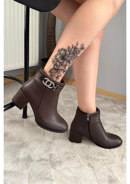 Kadın Hana Kahverengi Taşlı Tokalı ( 6 cm ) Topuklu Oval Burun Bot fiyatları