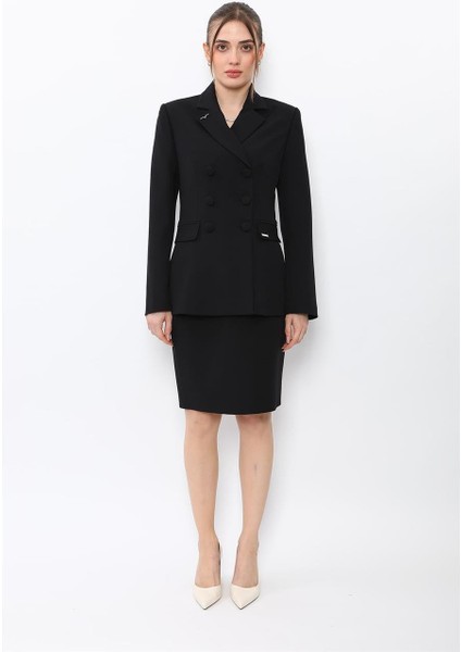 Erkek Yaka Blazer Ceket & Yırtmaçlı Düz Dar Etek-Siyah