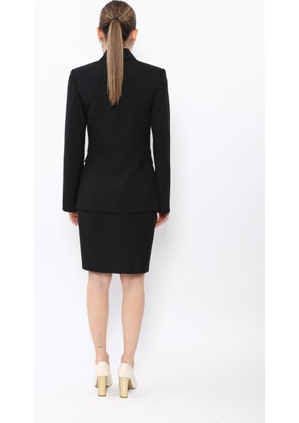 Erkek Yaka Blazer Ceket & Yırtmaçlı Düz Dar Etek-Siyah indirimleri