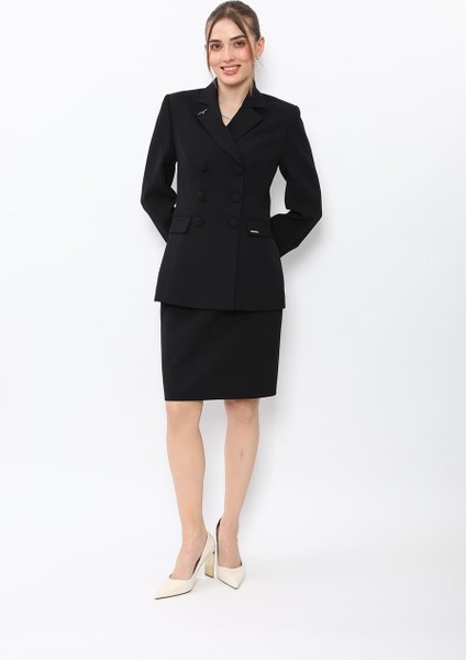 Erkek Yaka Blazer Ceket & Yırtmaçlı Düz Dar Etek-Siyah