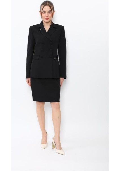 Erkek Yaka Blazer Ceket & Yırtmaçlı Düz Dar Etek-Siyah