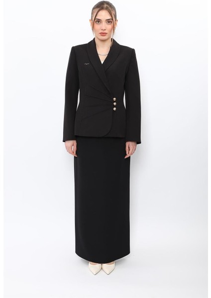 Şal Yaka Modelli Ceket & Kemerli Kare Cepli Çan Etek-Siyah