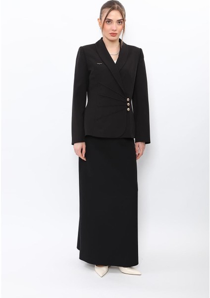 Şal Yaka Modelli Ceket & Kemerli Kare Cepli Çan Etek-Siyah modelleri