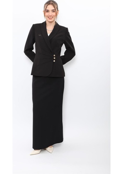 Şal Yaka Modelli Ceket & Kemerli Kare Cepli Çan Etek-Siyah indirimleri