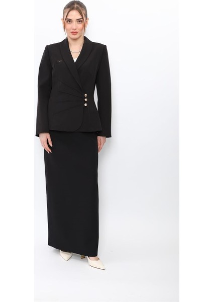 Şal Yaka Modelli Ceket & Kemerli Kare Cepli Çan Etek-Siyah