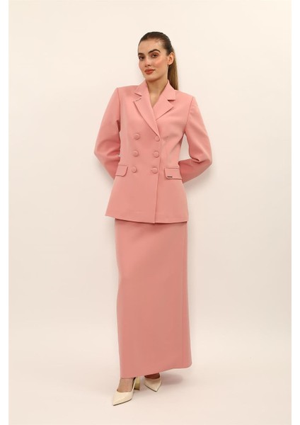 Erkek Yaka Blazer Ceket & Uzun Düz Dar Etek-Pudra