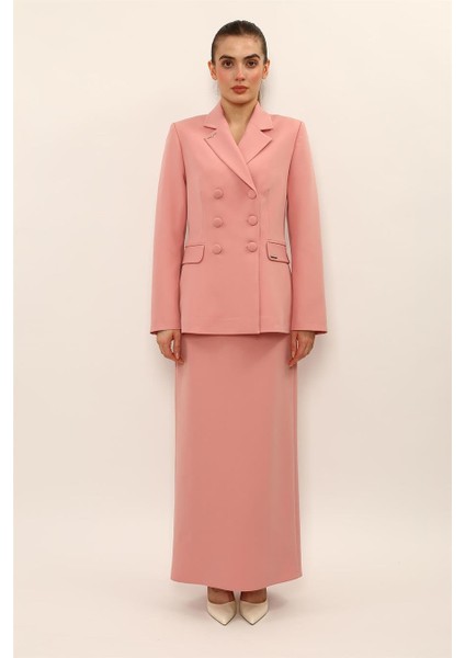 Erkek Yaka Blazer Ceket & Uzun Düz Dar Etek-Pudra modelleri