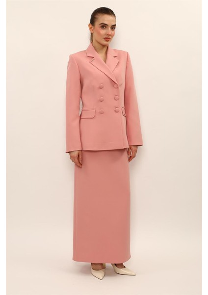 Erkek Yaka Blazer Ceket & Uzun Düz Dar Etek-Pudra indirimleri