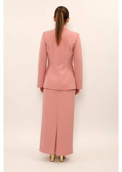 Erkek Yaka Blazer Ceket & Uzun Düz Dar Etek-Pudra