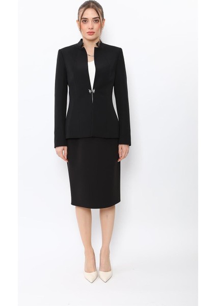 Hakim Yaka Tek Agraflı Düz Ceket & Düz Dar Etek-Siyah